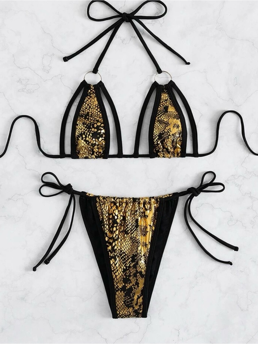 Gold & Black Snake Print String Bikini